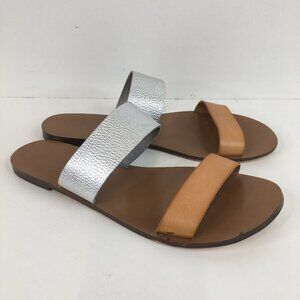 J.Crew Metallic Silver Tan Double Strap Slip On Sandals Size 7